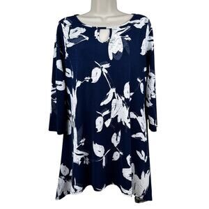 Clara Sun Woo Tunic Top Blouse Knit Floral Asymmetric Navy White Medium